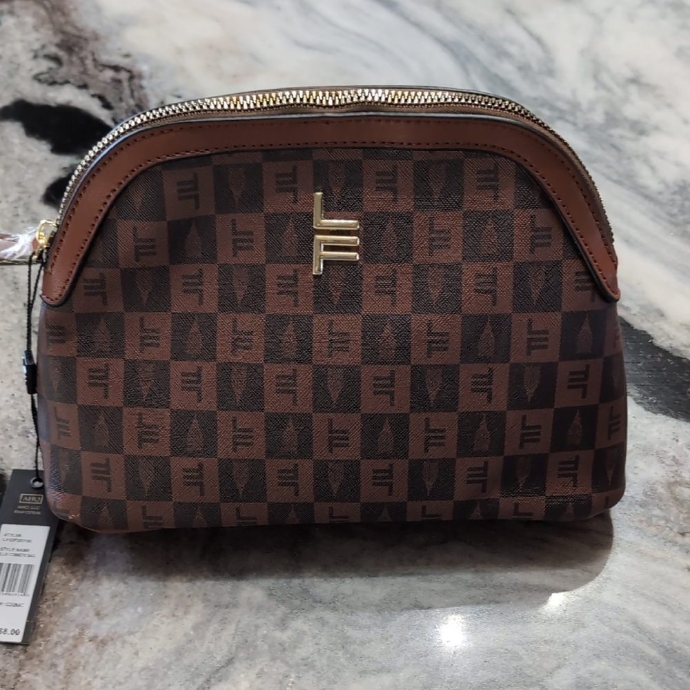 NWT Women's  Brown Checkered Cosmetic Bag